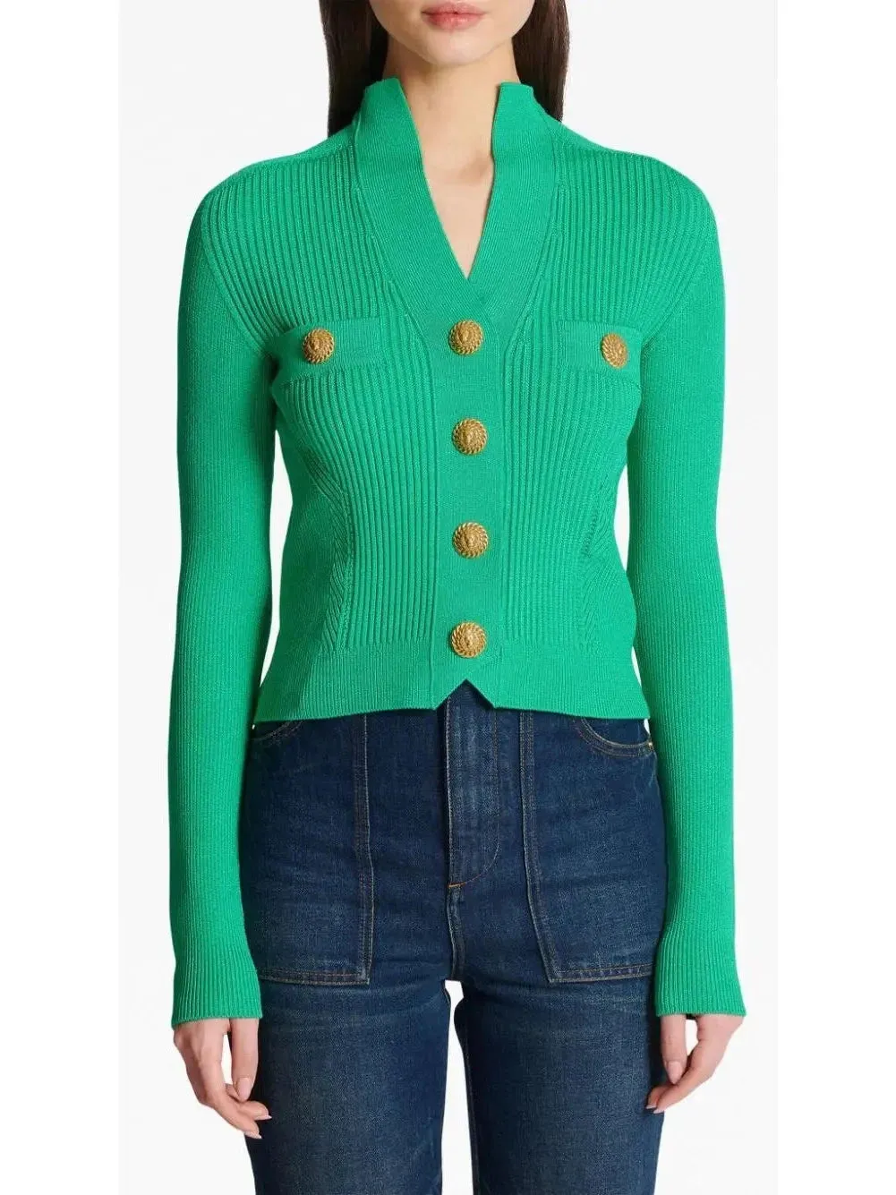Buttoned Ribbed-Knit Cardigan in Green