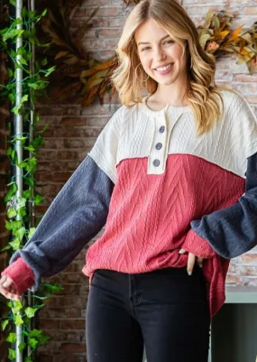 Cable Knit Color Block Henley Made in USA - Clearance Final Sale
