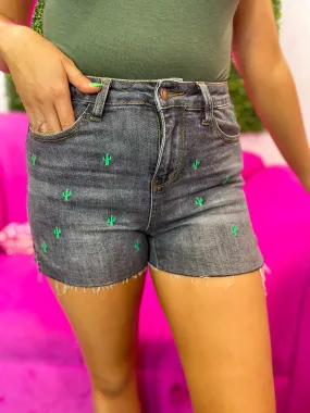 Cactus Crazy Frayed Denim Cactus Shorts - Gray