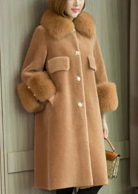 Camel Button Patchwork Woolen Coats Peter Pan Collar Winter ML1187