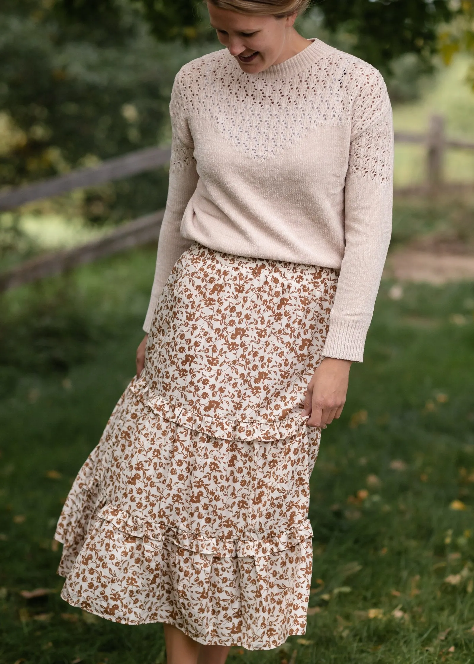 Camel Floral Ruffled Tiered Elastic Waist Midi Skirt