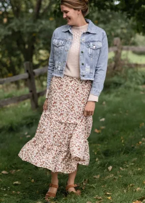 Camel Floral Ruffled Tiered Elastic Waist Midi Skirt