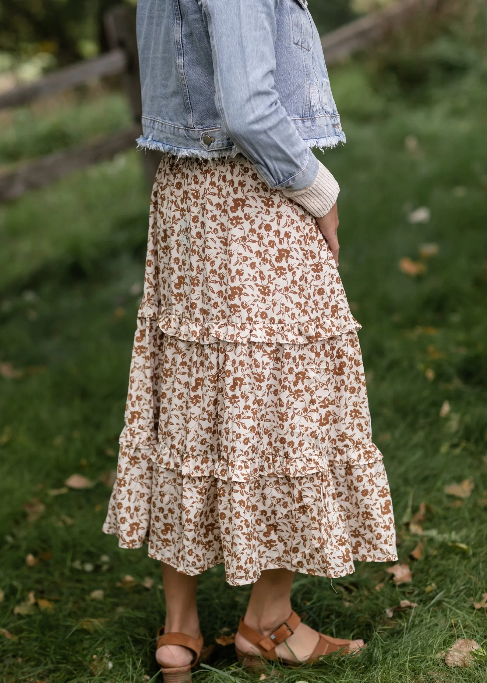 Camel Floral Ruffled Tiered Elastic Waist Midi Skirt