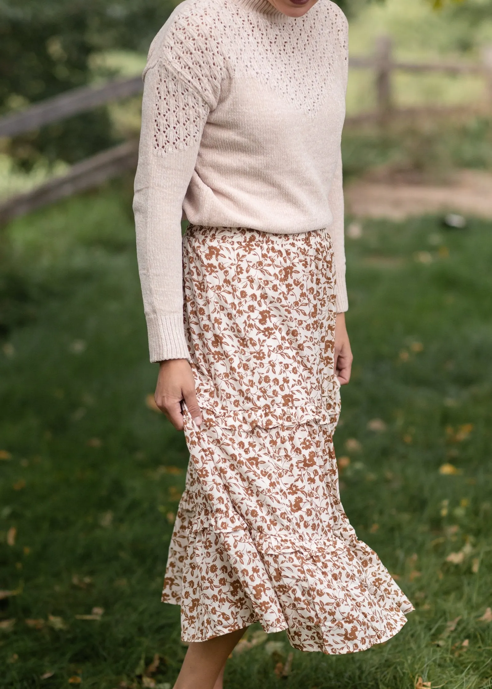 Camel Floral Ruffled Tiered Elastic Waist Midi Skirt