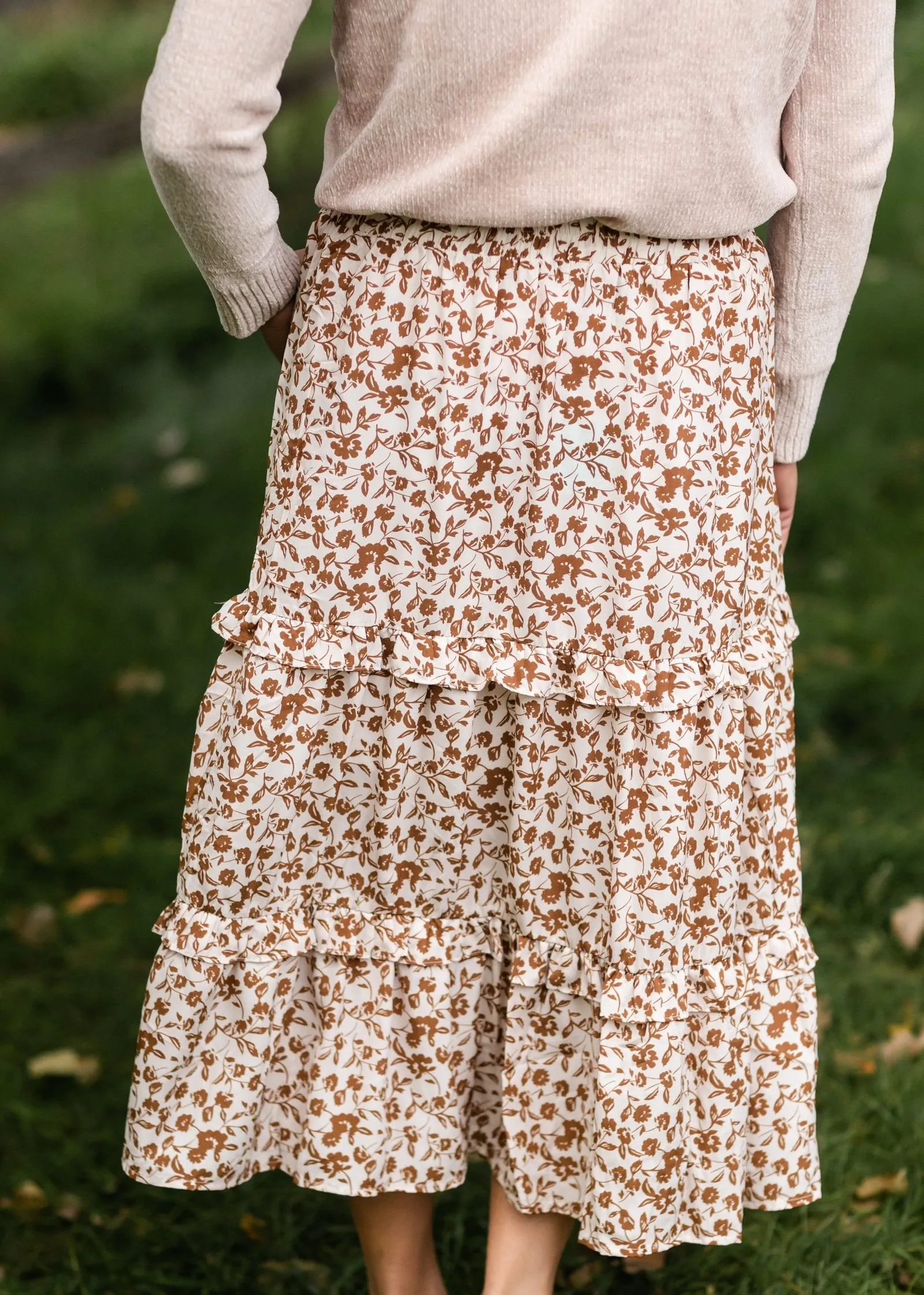 Camel Floral Ruffled Tiered Elastic Waist Midi Skirt