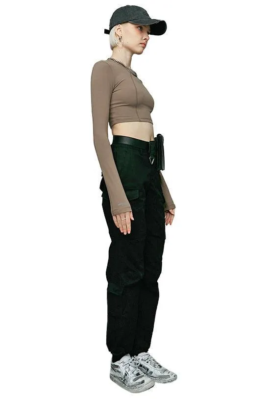 Camel Round-Neck Fitted Crop Top