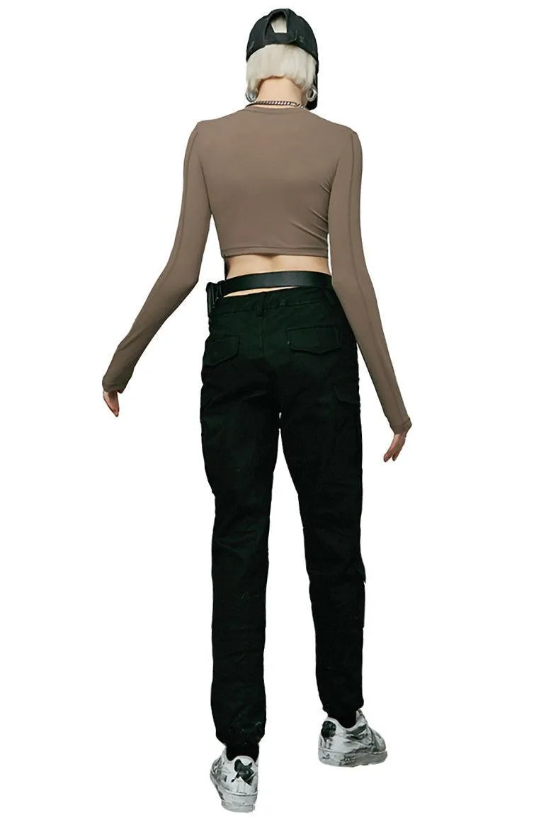 Camel Round-Neck Fitted Crop Top