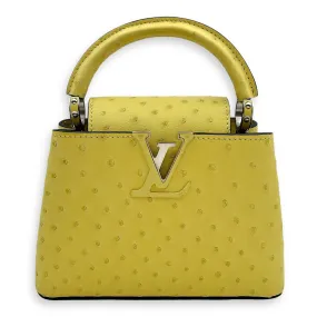 Capucines Mini Jaune Crossbody Bag in Ostrich, Silver hardware