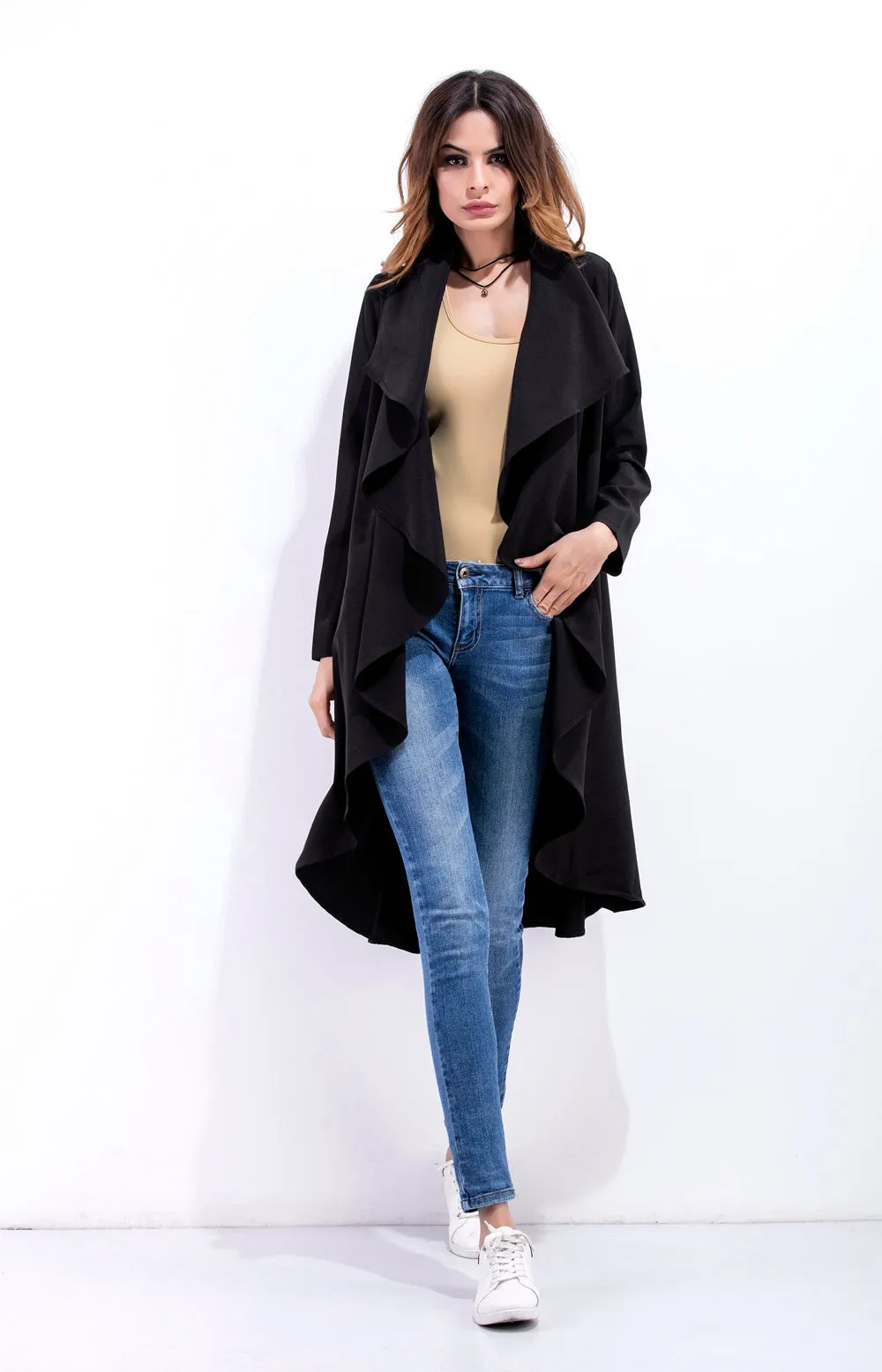 Cardigan Solid Asymmetric Neck Long Coat