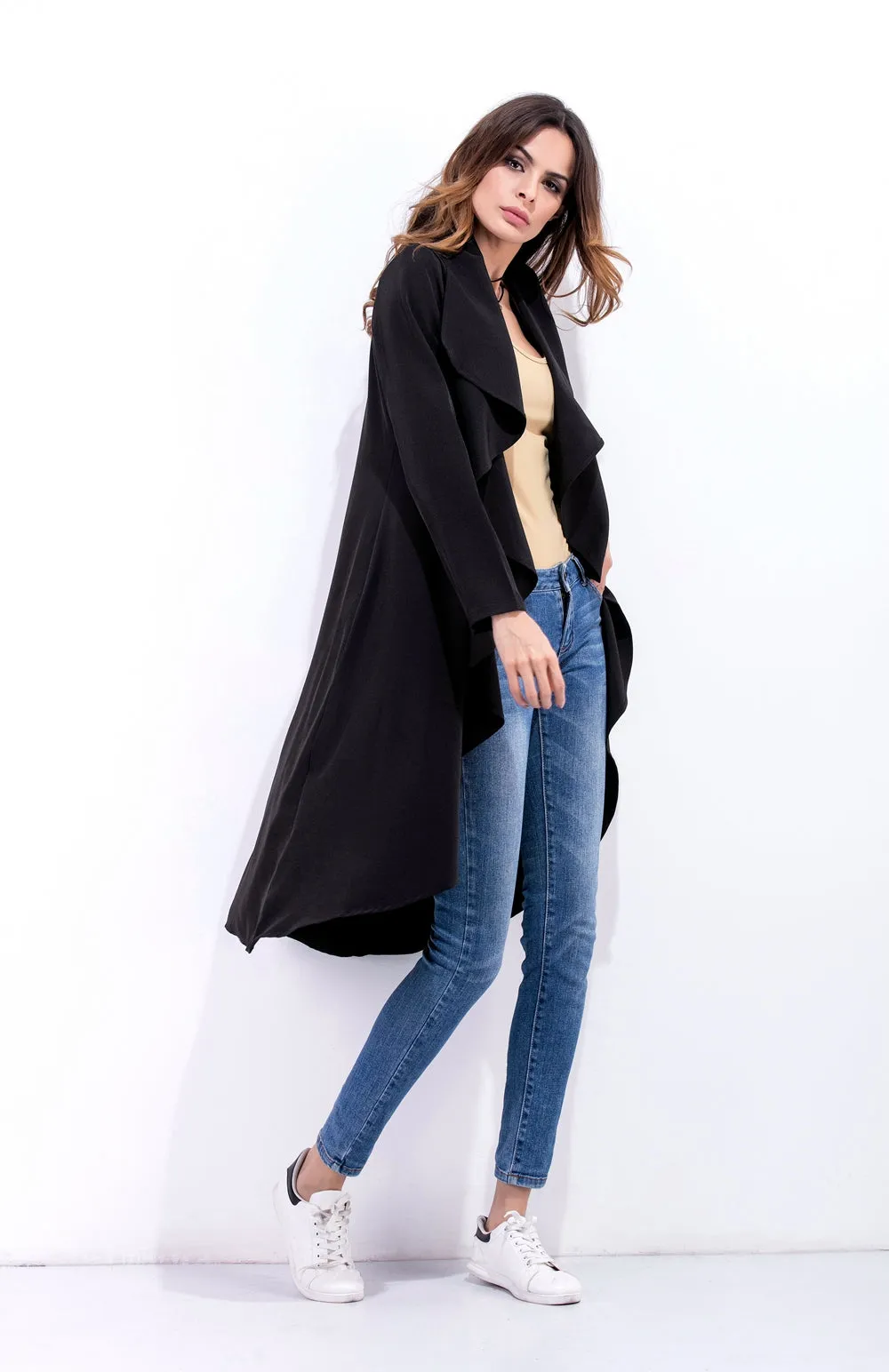 Cardigan Solid Asymmetric Neck Long Coat