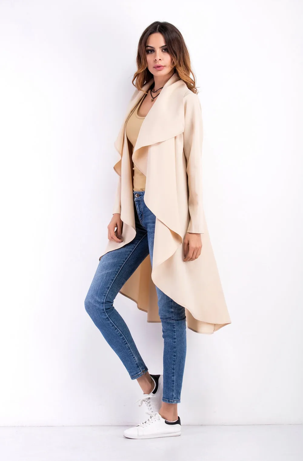 Cardigan Solid Asymmetric Neck Long Coat