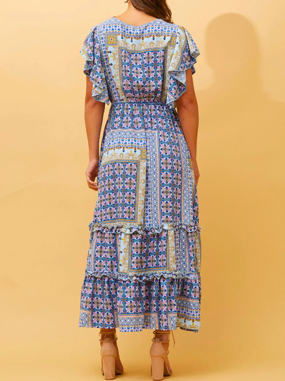 CAROLINE K MORGAN FRILL SLEEVE BOHO MAXI DRESS