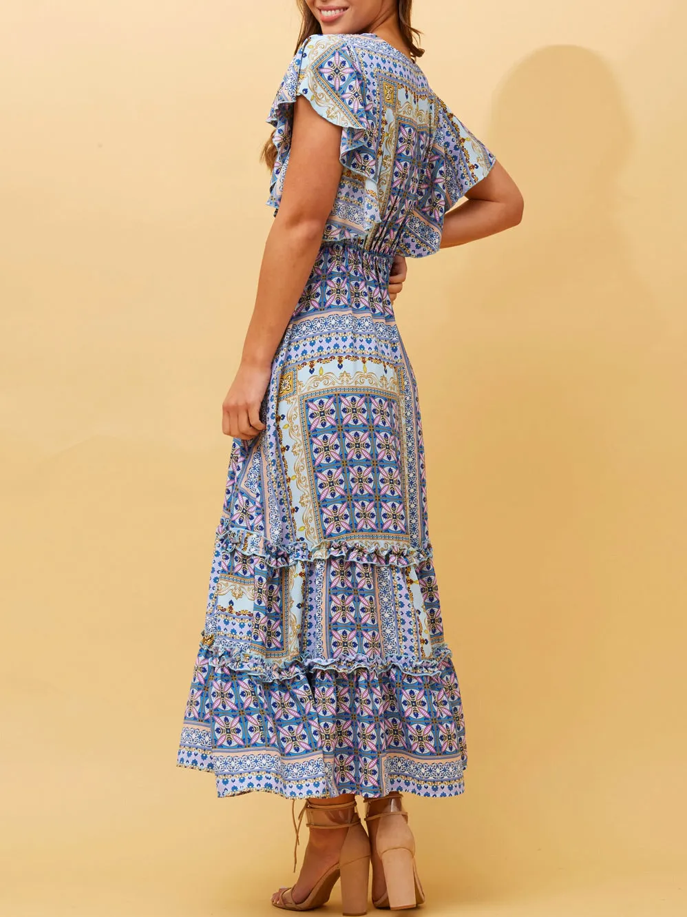 CAROLINE K MORGAN FRILL SLEEVE BOHO MAXI DRESS