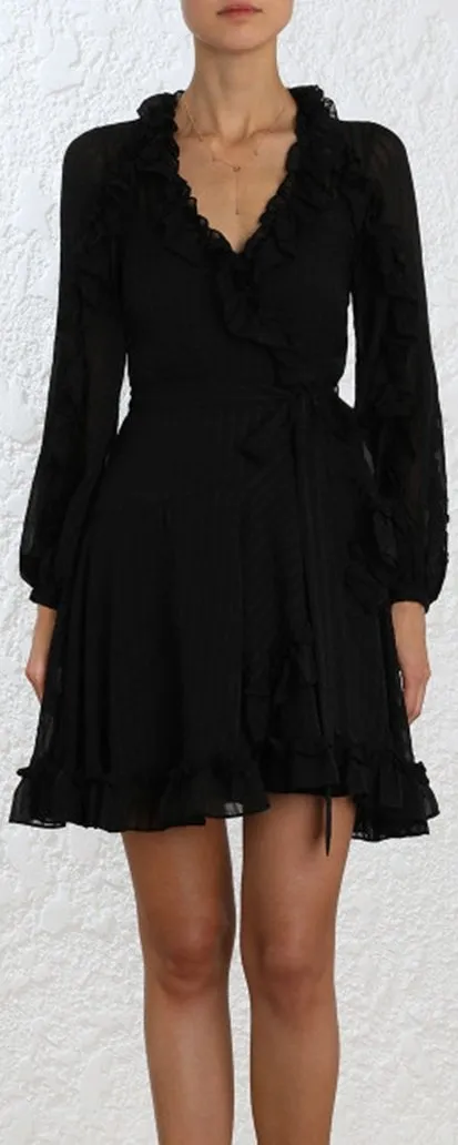 Cascade Wrap Dress, Black