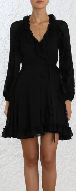 Cascade Wrap Dress, Black