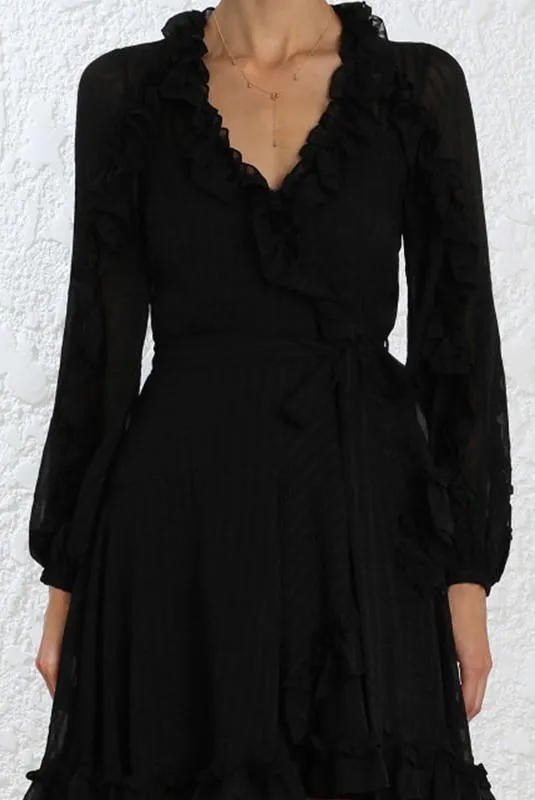 Cascade Wrap Dress, Black