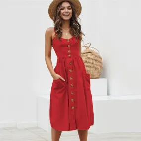 Casual Adorable Spaghetti Strap Print or Solid Pocket V-Neck Button Down Beach Cruise Dress