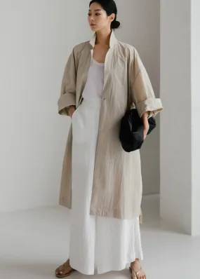Casual Beige Peter Pan Collar Button Wrinkled Side Open Trench Coats Long Sleeve