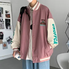 Casual Cartoon Bear Embroidery Color Matching Baseball Uniform Bomber Jacket