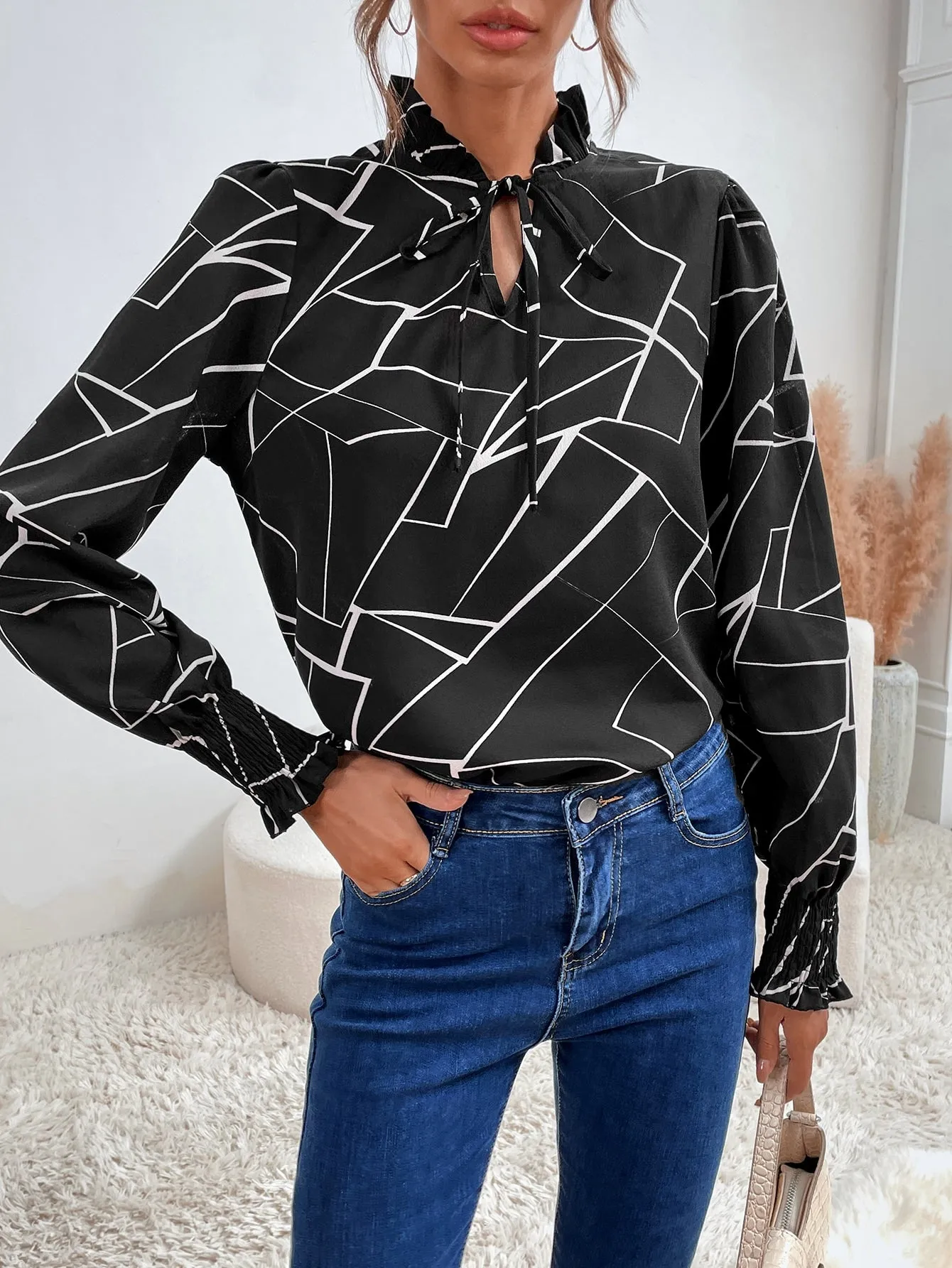 Casual Geometric Shirred Long Sleeve Tie Neck Regular Blouse