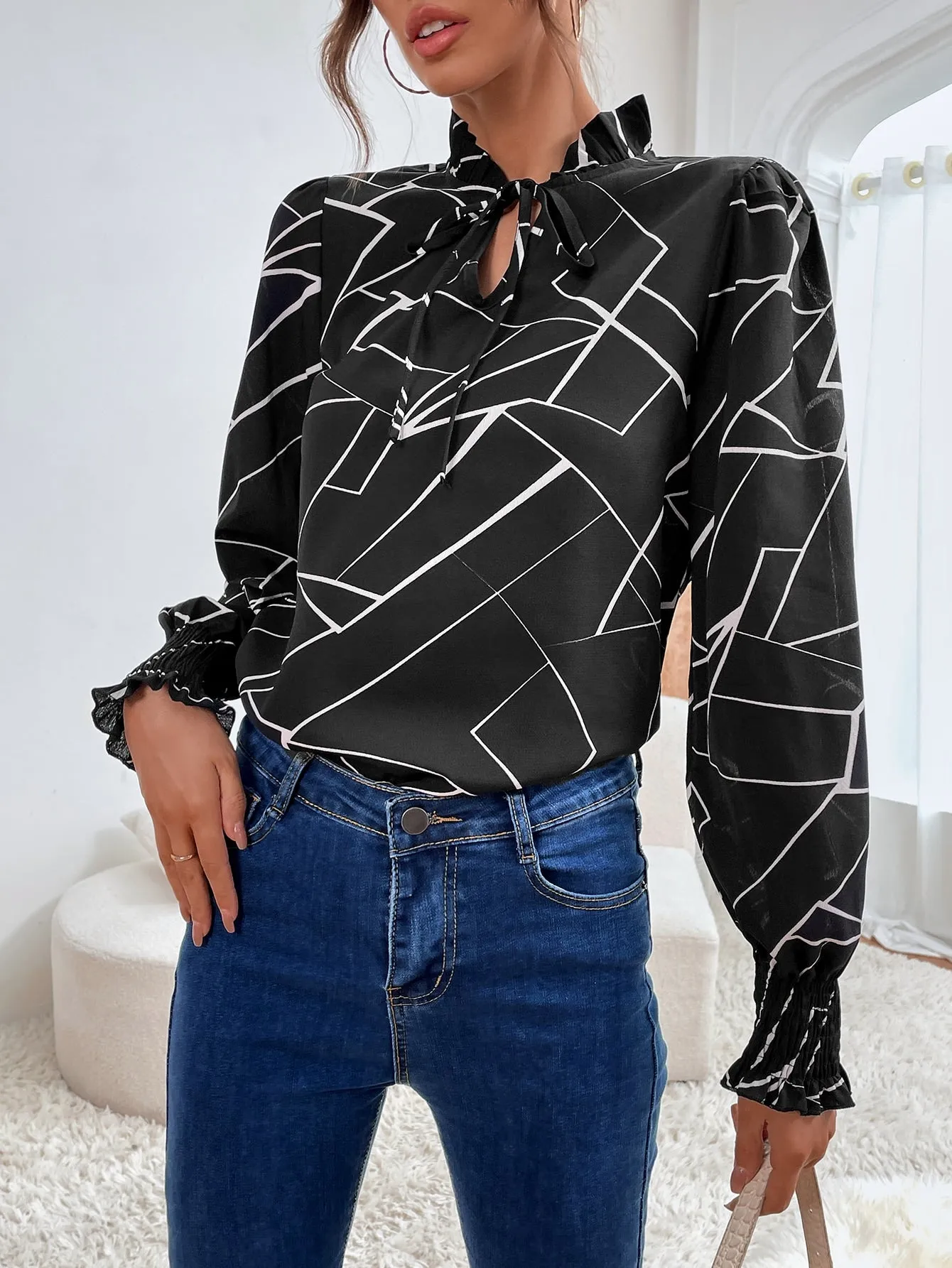 Casual Geometric Shirred Long Sleeve Tie Neck Regular Blouse