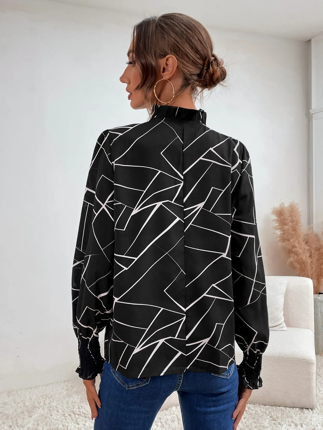 Casual Geometric Shirred Long Sleeve Tie Neck Regular Blouse