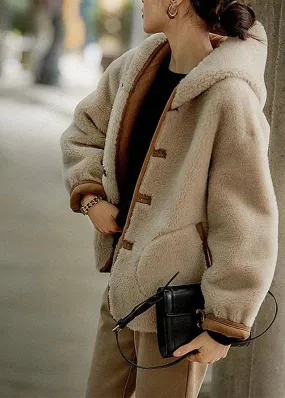 Casual Light Camel Patchwork Button Hooded Faux Fur Coats Long Sleeve LY8349
