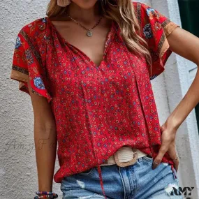 Casual Loose Floral Vintage Elegant Female Summer Tops Blouses