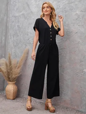 Casual Plain Button Front Short Sleeve Notched Natural Long Women Jumpsuit