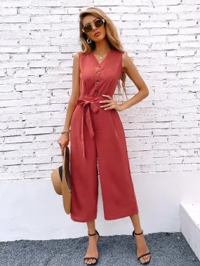 Casual Plain Button Front Sleeveless V Neck High Waist Capris Women Jumpsuit