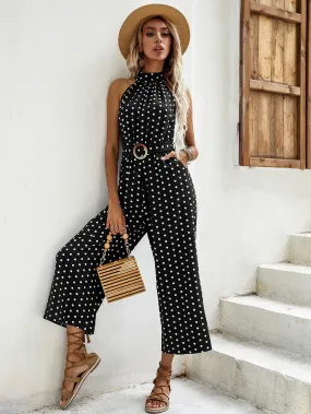 Casual Polka Dot Pocket Sleeveless Halter High Waist Capris Women Jumpsuit