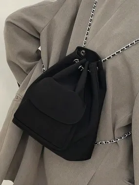 casual silk black chain bucket bag Korean version drawstring large capacity commuting backpack