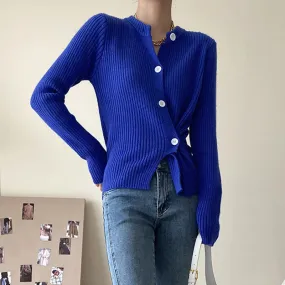 Casual Single Breasted Shirt For Women Round Neck Long Sleeve Solid Minimalist Knitting Blouses Female Clothing