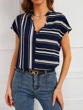 Casual Striped Short Sleeve Notched Regular Blouse