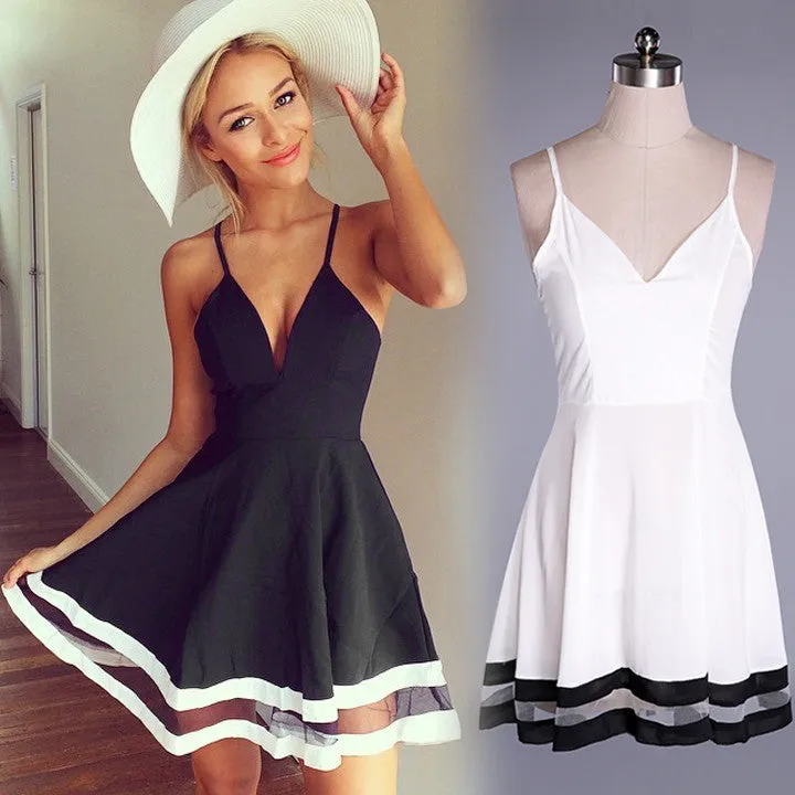 Casual V-neck Straps Patchwork Mini Beach Dress