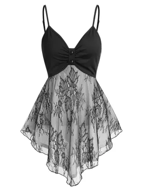 Casual Women Lace Insert Ruched Asymmetric Cami Tank Top Sleeveless Streetwear V Neck Women Vintage Top Plus Size S-3XL
