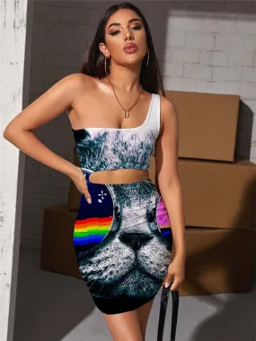 Cat Dresses Women Animal Hollow out Dresses Rainbow Bodycon Dress Harajuku Vestido Sexy