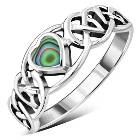 Celtic Knot Abalone Shell Heart Silver Ring