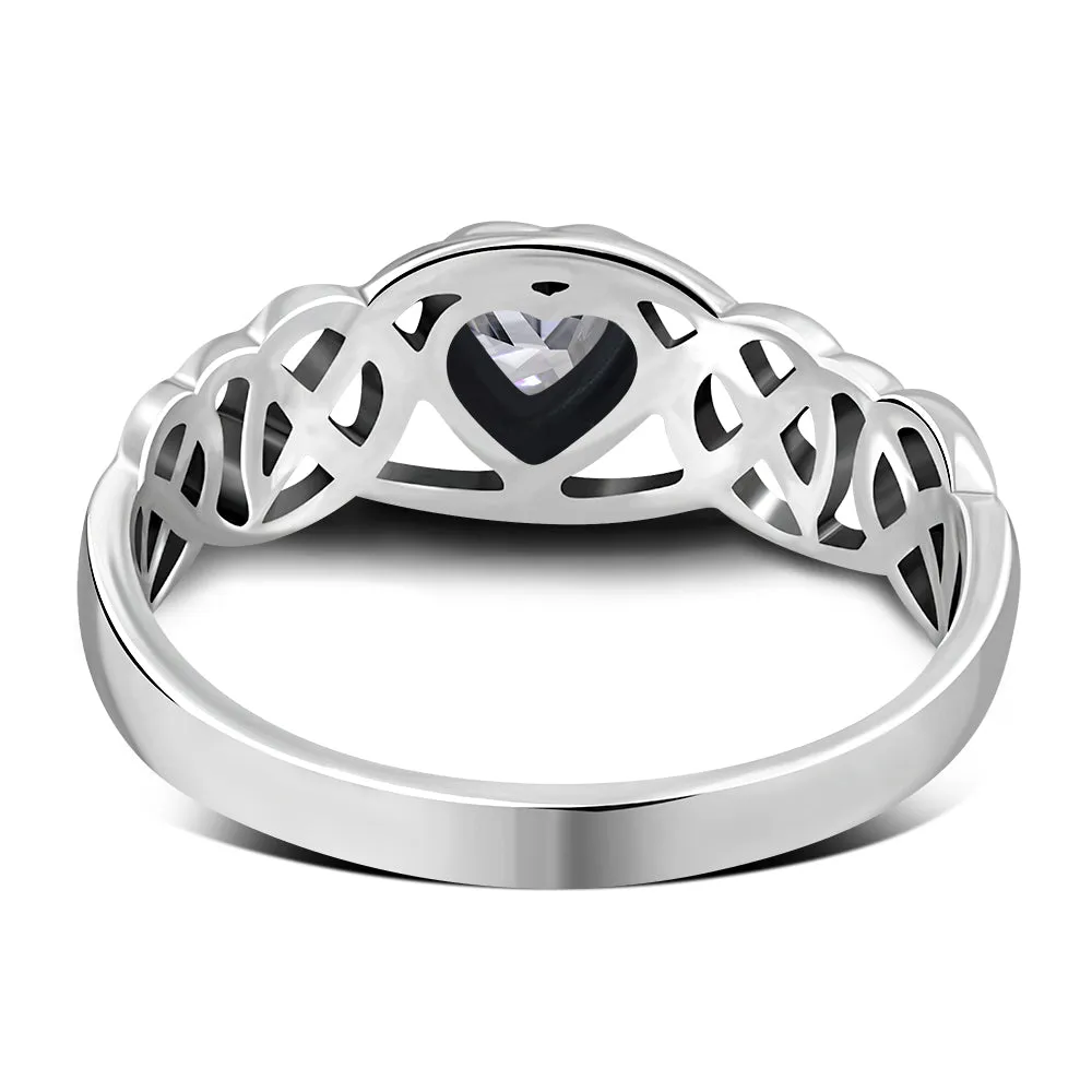 Celtic Knot Clear CZ Heart Silver Ring