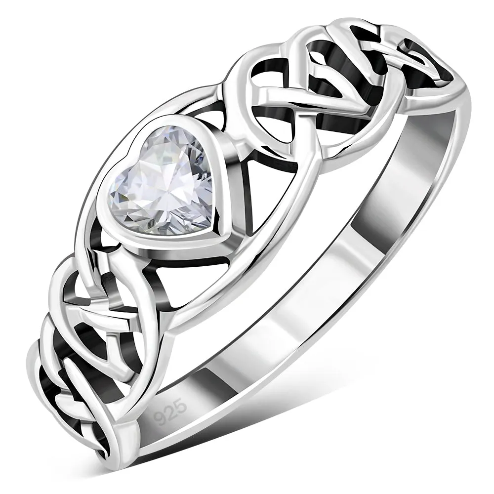 Celtic Knot Clear CZ Heart Silver Ring