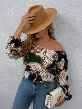 Chain Print Long Sleeve Off The Shoulder Regular Plus Size Blouse
