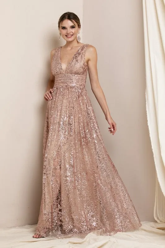 Champagne Deep V Neck Sequin Maxi Evening Dress