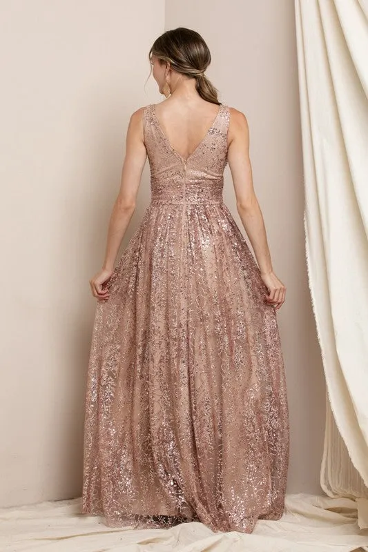 Champagne Deep V Neck Sequin Maxi Evening Dress