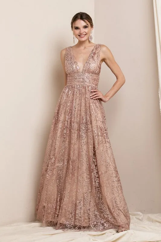 Champagne Deep V Neck Sequin Maxi Evening Dress