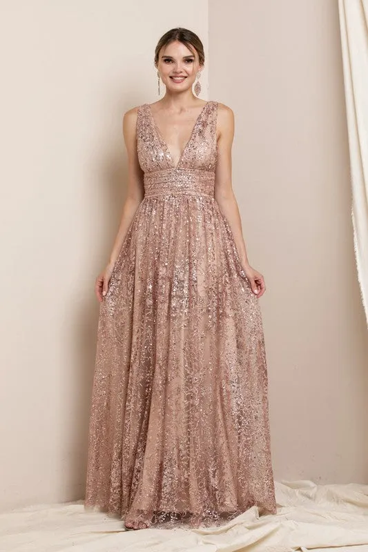 Champagne Deep V Neck Sequin Maxi Evening Dress