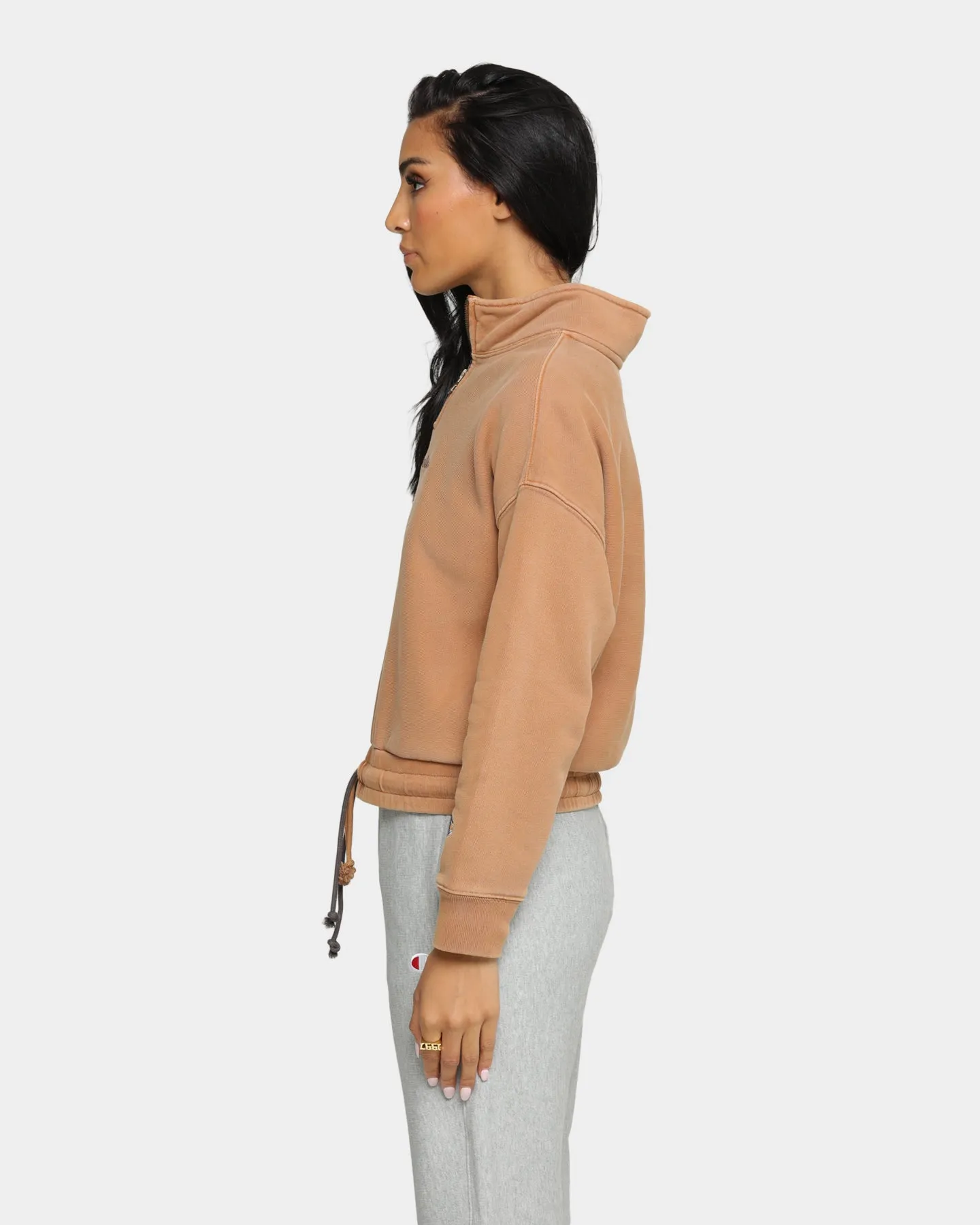 Champion Women's Rev Weave Garment Dye Quarter Zip Pullover Burnt Caramel