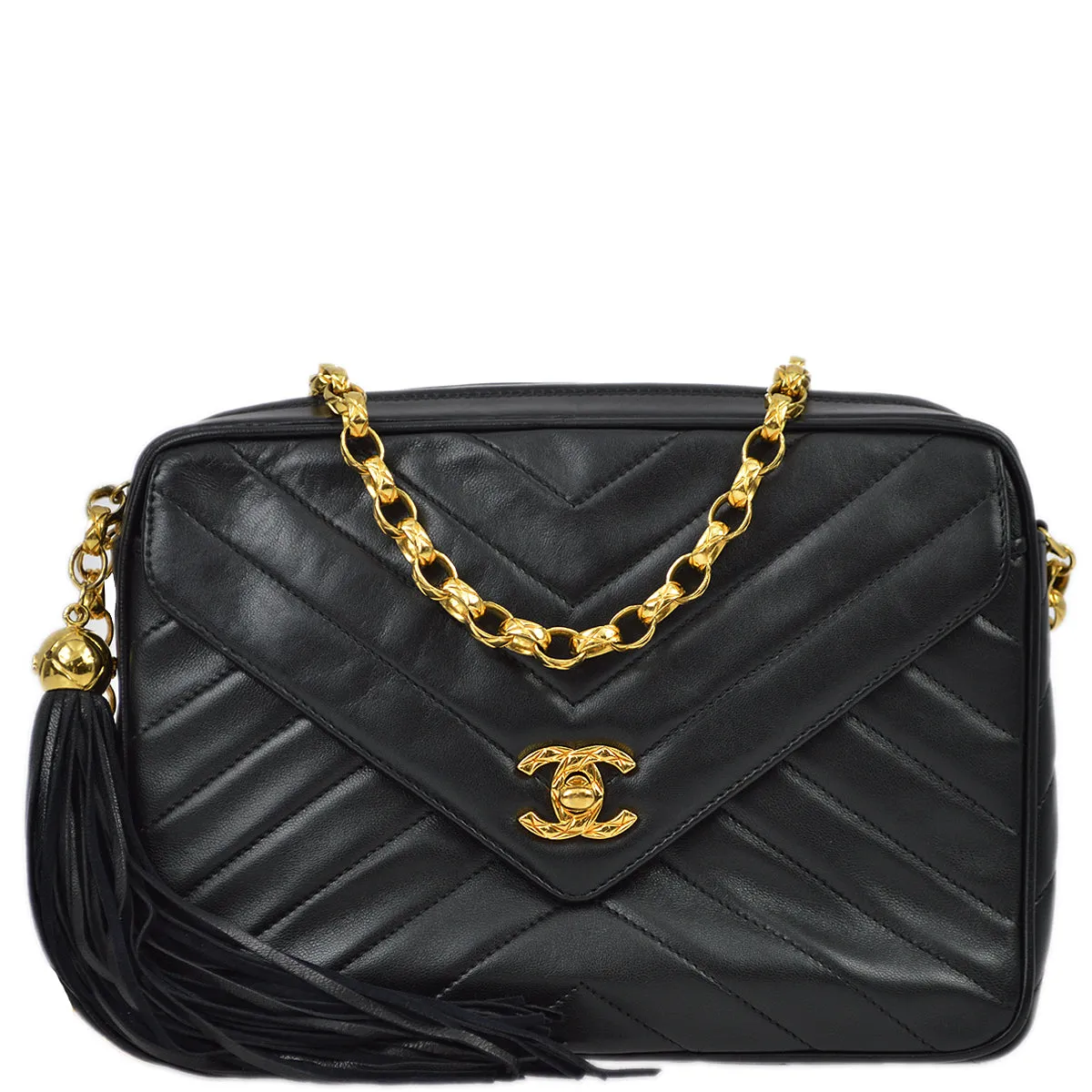 Chanel 1991-1994 Black Lambskin Chevron Pocket Camera Bag Small