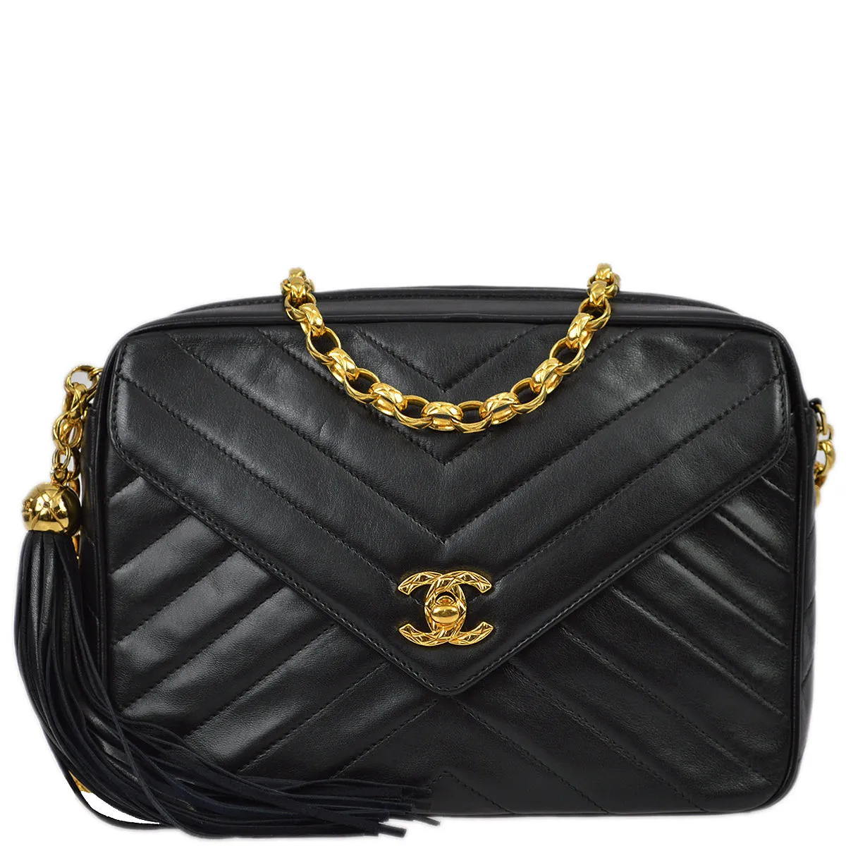 Chanel 1991-1994 Black Lambskin Small Chevron Pocket Camera Bag