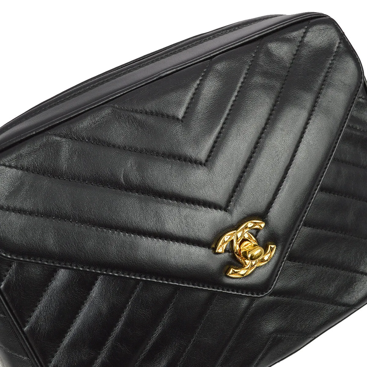 Chanel 1991-1994 Black Lambskin Small Chevron Pocket Camera Bag