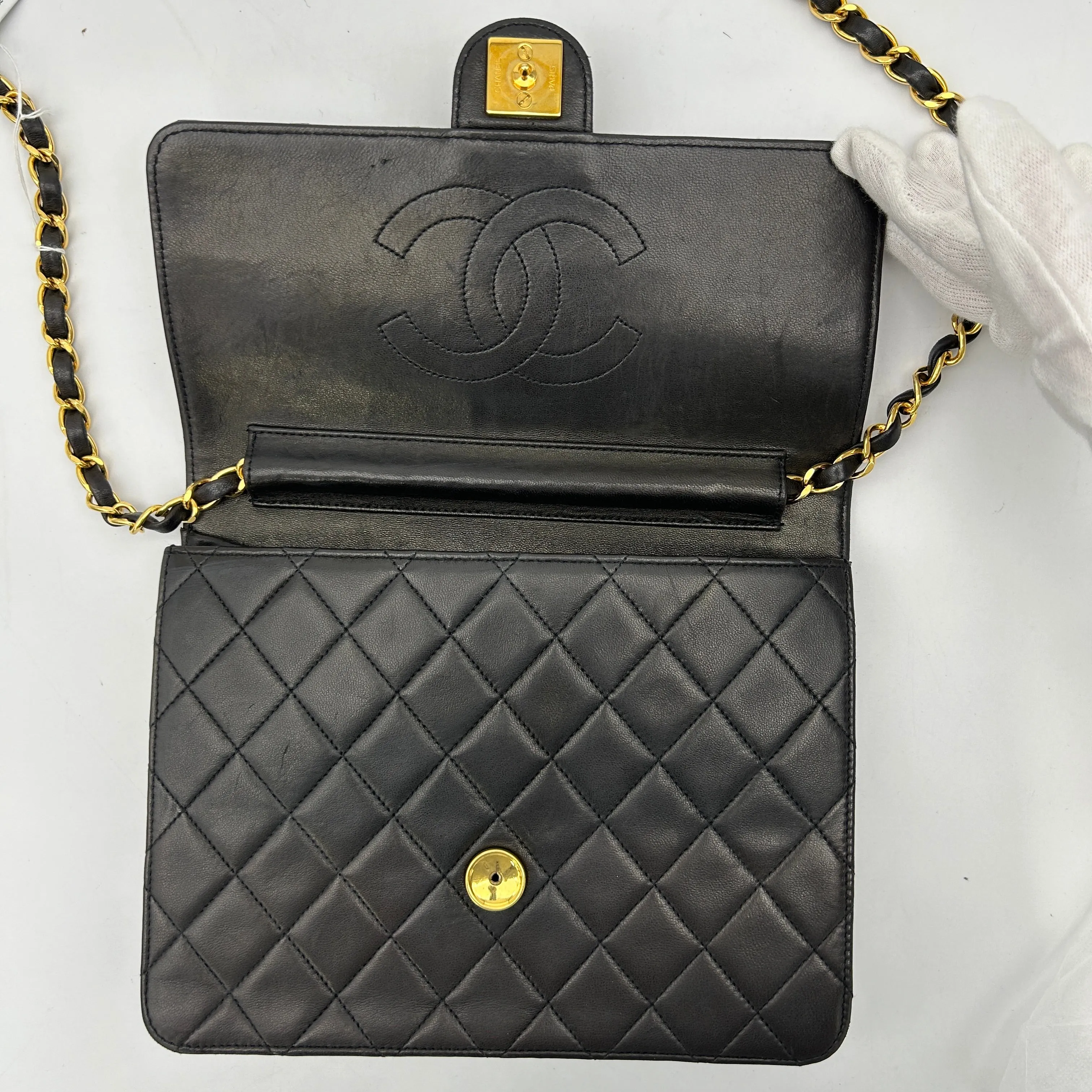Chanel Black Lambskin Pushlock Small Half Flap Shoulder Bag 1996-1997
